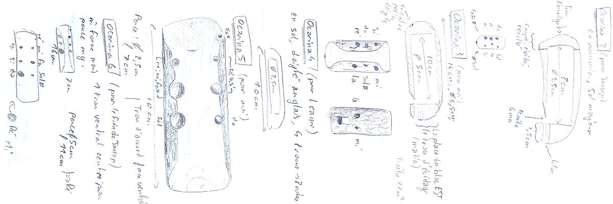 croquis au crayon de sifflets et flûtes globulaires